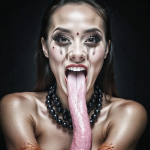 Primer plano de mujer adulta sacando una lengua exageradamente larga, en una imagen surreal y provocadora.