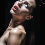 Retrato de mujer adulta con la cabeza inclinada hacia atrás y maquillaje luminoso, sobre fondo oscuro.
