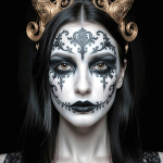Retrato frontal de mujer adulta con maquillaje ornamental o de inspiración ritual sobre el rostro.