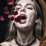 Primer plano de mujer adulta con la boca abierta mientras caen pétalos de rosa hacia su rostro.