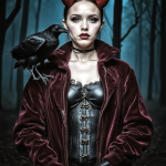 Mujer adulta con abrigo rojo oscuro y corsé, posando con un cuervo negro sobre el hombro en un bosque o exterior sombrío.