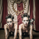 Dos mujeres adultas desnudas o semidesnudas, arrodilladas en paralelo y mirando hacia la cámara en una composición simétrica.