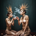 Dos mujeres adultas desnudas, sentadas frente a frente, con grandes tocados puntiagudos de inspiración ceremonial.