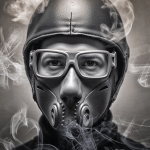 Retrato de una figura femenina o andrógina con máscara antigás y gafas, rodeada de humo.