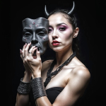 Mujer adulta sosteniendo una máscara negra de rasgos demoníacos junto al rostro, en un retrato oscuro.