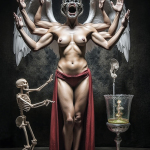 Figura femenina central con múltiples brazos extendidos, rodeada de esqueletos y objetos rituales en una escena simbólica.