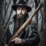 Hombre adulto barbado, vestido de negro y con sombrero, sosteniendo un rifle en un bosque.