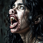 Retrato lateral de una mujer monstruosa con colmillos, sangre en el rostro y gesto agresivo.