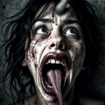 Mujer monstruosa con la lengua muy alargada fuera de la boca, en una imagen de horror fantástico.