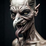 Criatura de rasgos élficos o demoníacos con la lengua fuera y cuello extremadamente alargado.
