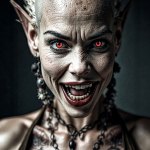 Mujer de aspecto demoníaco, de cabeza rapada y ojos rojizos, sonriendo con expresión amenazante.