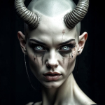 Mujer demoníaca de piel pálida con grandes cuernos curvados y mirada frontal intensa.
