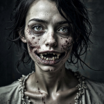 Mujer de aspecto zombi con la boca deformada, dientes visibles y heridas en el rostro.