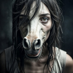 Figura femenina con un rostro híbrido entre humano y caballo, en una escena de horror surreal.