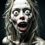 Mujer monstruosa de cabello claro con ojos muy abiertos y expresión de terror o locura.