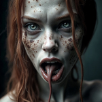 Retrato de una mujer pelirroja monstruosa con la lengua oscura fuera y el rostro salpicado de heridas.
