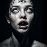 Mujer de aspecto fantasmal con los ojos completamente blancos y gesto de trance.