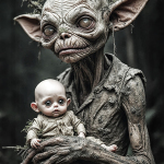 Criatura de aspecto goblin o duende sosteniendo a un bebé pequeño entre los brazos.