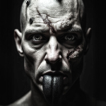 Retrato frontal de un hombre monstruoso con la lengua negra o deformada saliendo de la boca.