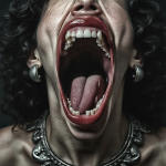 Primer plano de una mujer gritando con la boca completamente abierta y el rostro deformado por el horror.