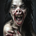 Mujer monstruosa con sangre alrededor de la boca, gritando y mostrando dientes afilados.
