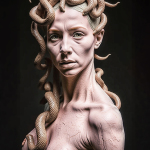 Figura femenina con serpientes o formas tentaculares naciendo de la cabeza, en una imagen inspirada en Medusa.