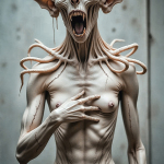 Criatura esquelética con prolongaciones tentaculares en el cuello y el cuerpo, en una postura angustiosa.