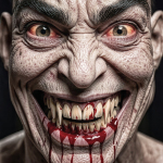 Primer plano de un hombre monstruoso sonriendo de forma agresiva, con dientes manchados de sangre y ojos enrojecidos.