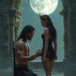 Hombre arrodillado y mujer de pie en un espacio con columnas y agua, en una escena de atmósfera clásica y luminosa.