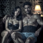 Hombre y mujer sentados juntos en un sofá, en una escena de interior con luz de lámpara y estética de pintura antigua.