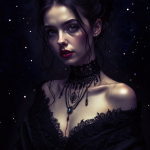 Retrato de mujer adulta con vestido oscuro y labios rojos, sobre un fondo negro con pequeños puntos luminosos.