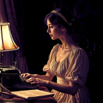 Mujer adulta sentada ante una mesa, escribiendo o trabajando bajo la luz de una lámpara en una escena íntima.