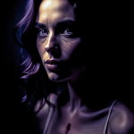 Retrato pictórico de mujer adulta con luz violeta sobre el rostro y expresión seria sobre fondo oscuro.