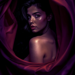 Mujer adulta de espaldas envuelta en una tela roja, mirando hacia la cámara en una composición dramática.