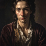 Retrato pictórico de un hombre joven con chaqueta oscura y camisa clara, mirando de frente sobre fondo de tonos antiguos.