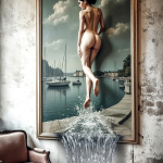 Mujer adulta desnuda emergiendo o suspendida ante un gran cuadro o marco con agua desbordándose hacia la habitación.
