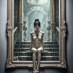 Mujer adulta desnuda sentada dentro de un gran marco, con una escalera monumental al fondo en una composición surreal.