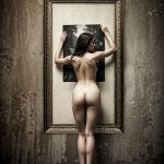 Mujer adulta desnuda de espaldas, apoyando las manos en un marco vertical sobre una pared envejecida.