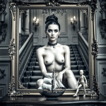 Mujer adulta desnuda sentada dentro de un marco, en una escena en blanco y negro con una gran escalera al fondo.