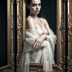 Mujer adulta desnuda o semidesnuda, cubierta con una tela blanca, posando dentro de un marco vertical dorado.