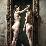 Dos figuras femeninas desnudas frente a frente o reflejadas dentro de un gran marco ornamental, en una escena de duplicidad surrealista.