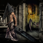 Figura de Pyramid Head de pie en un pasillo sucio y amarillo, iluminado por una luz lateral.