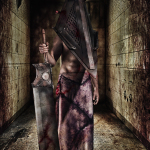 Pyramid Head avanzando por un pasillo angosto mientras una figura femenina aparece al fondo.