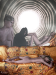 Mujer desnuda dormida sobre un sofá estampado mientras, sobre ella, aparecen figuras dentro de un túnel luminoso.
