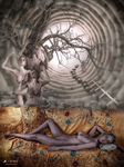 Mujer desnuda tendida sobre un sofá bajo una escena circular con ramas oscuras y figuras fantásticas en movimiento.