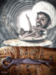 Mujer desnuda recostada sobre un sofá mientras una figura masculina grotesca aparece sobre una mesa con plato y cubiertos.