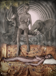 Mujer desnuda dormida sobre un sofá mientras una figura femenina de pie aparece junto a un elefante en una escena surreal y simbólica.