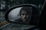 Rostro de un hombre reflejado en el espejo retrovisor de un coche, con gotas de lluvia sobre el cristal y expresión seria.