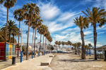 Paseo marítimo de Carboneras con palmeras, bancos de colores y ambiente luminoso junto al mar.