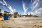 Playa de Carboneras con arena extensa, palmeras, cielo azul y ambiente sereno del litoral almeriense.